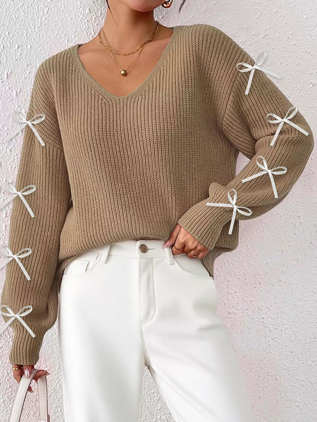 Women's Bow-Tie Sleeve V-Neck Sweater