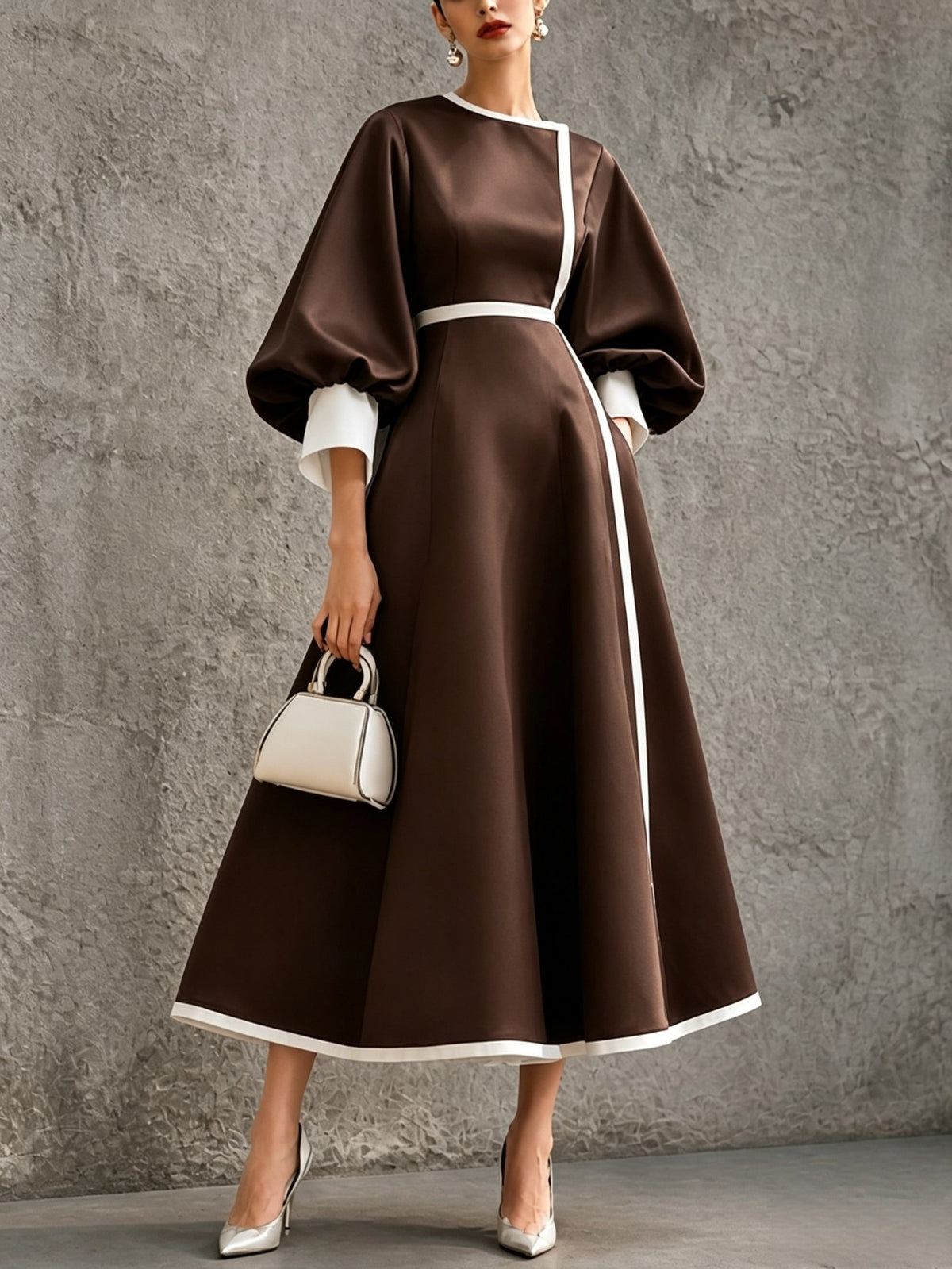 Women's Three-quarter Lantern-sleeve Color-block Dress
