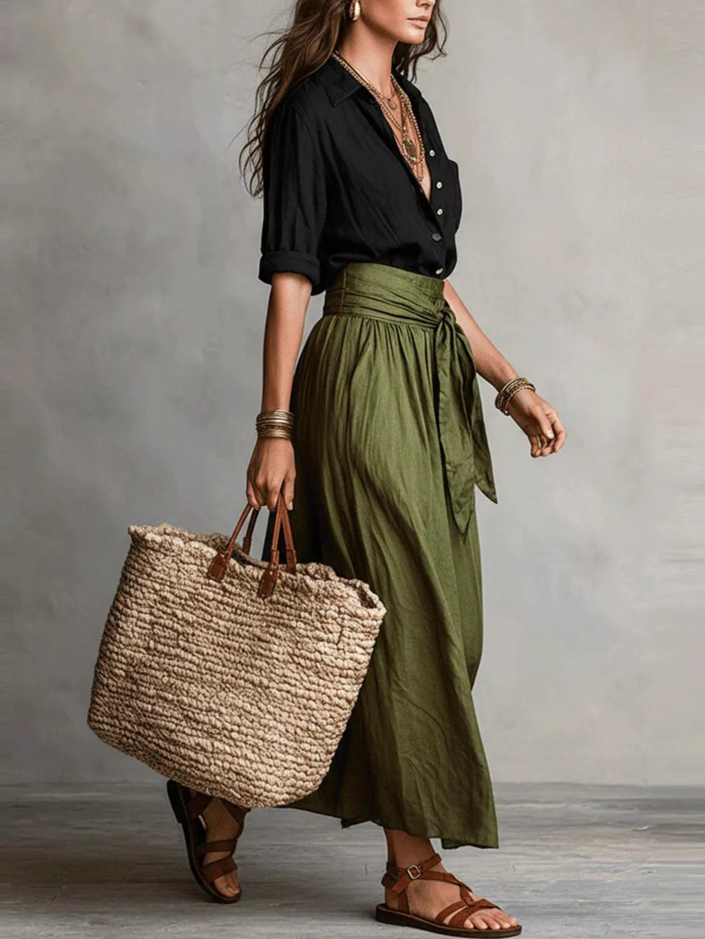 Women's Matcha Green Button-Down Shirt and High-Waisted Tie-Front Maxi Skirt Set - Matcha Green
