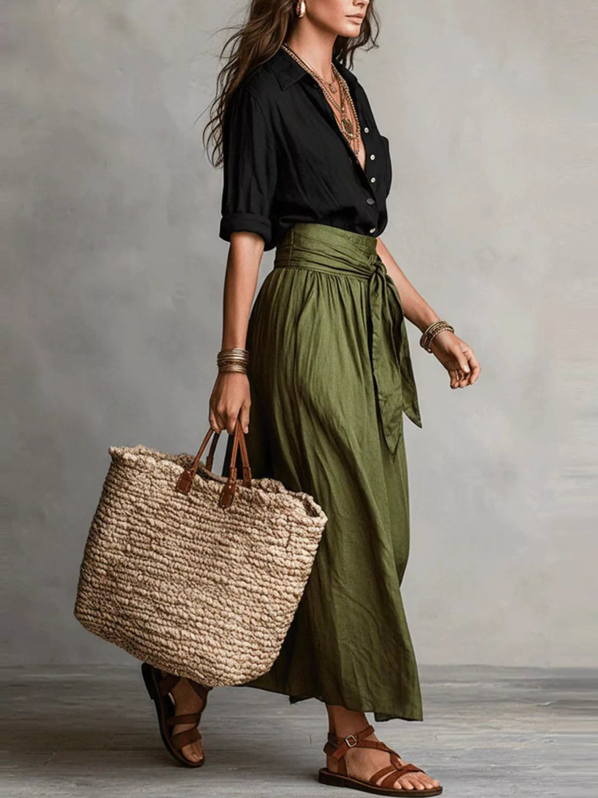 Women's Matcha Green Button-Down Shirt and High-Waisted Tie-Front Maxi Skirt Set - Matcha Green