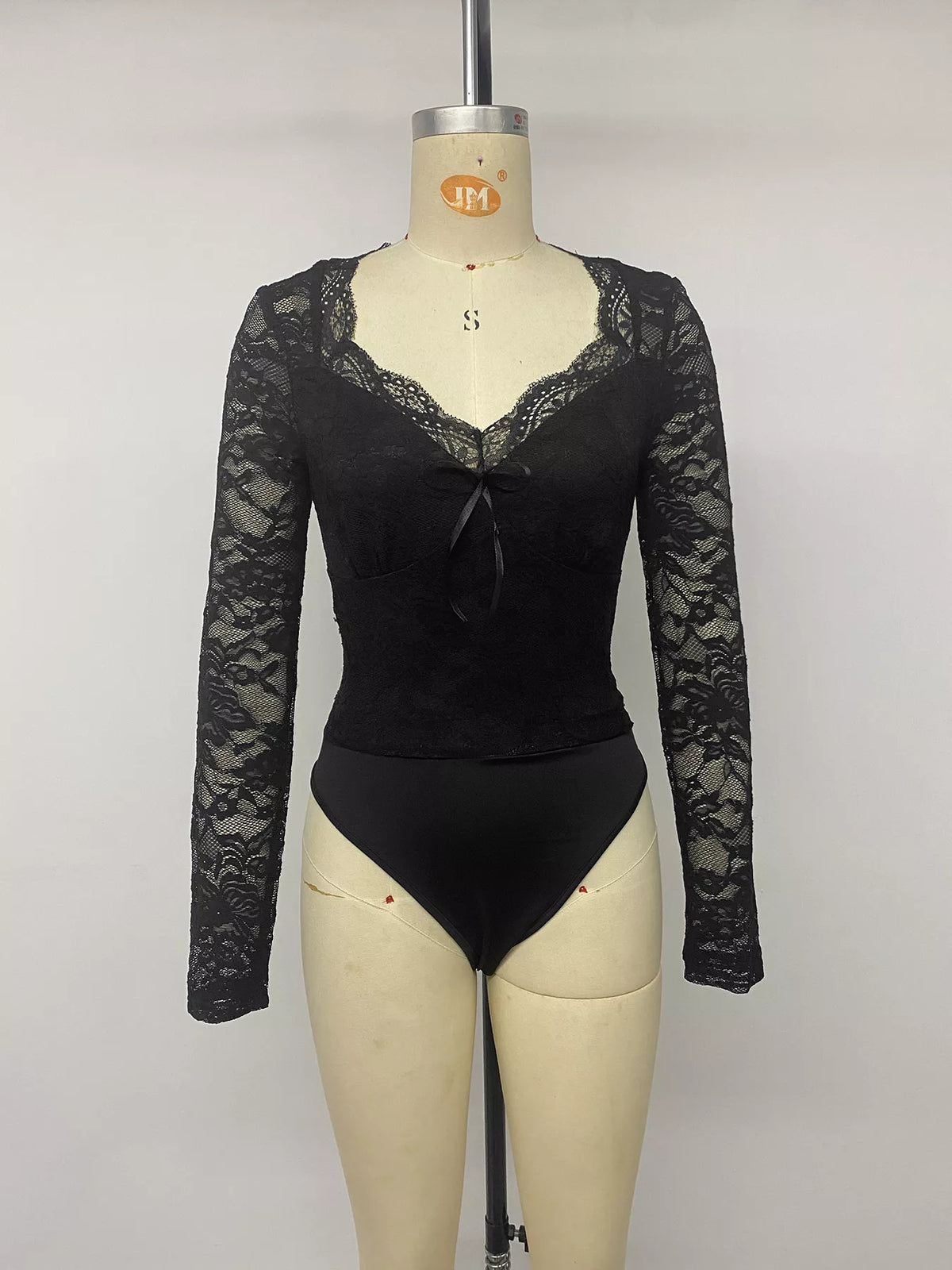 Lace Long Sleeve Bodysuit with Bow Detail