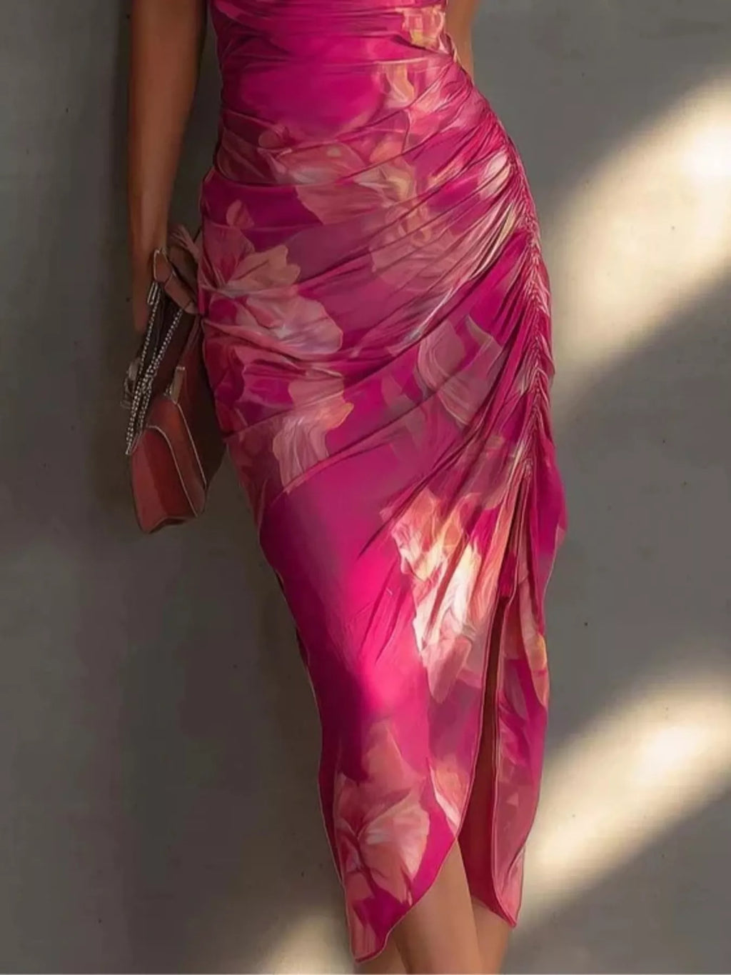 Women's Rose Red Floral Print Halter Neck Ruched Midi Dress - Rose Red