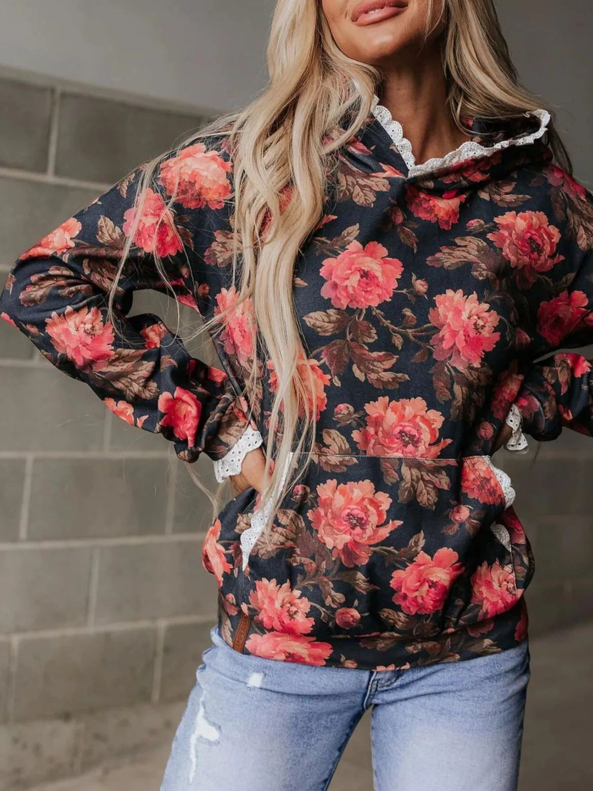 Women's Lace Trim Kangaroo Pocket Hoodie - Black