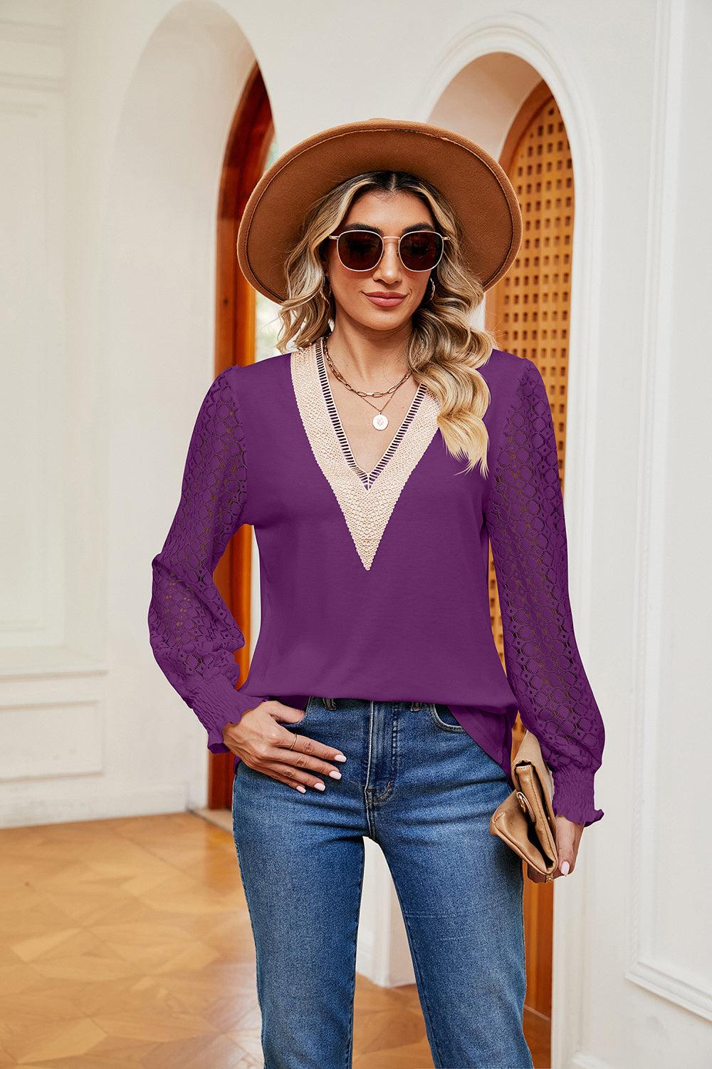 Women's Contrast V-Neck Long Sleeve Blouse - Fuchsia