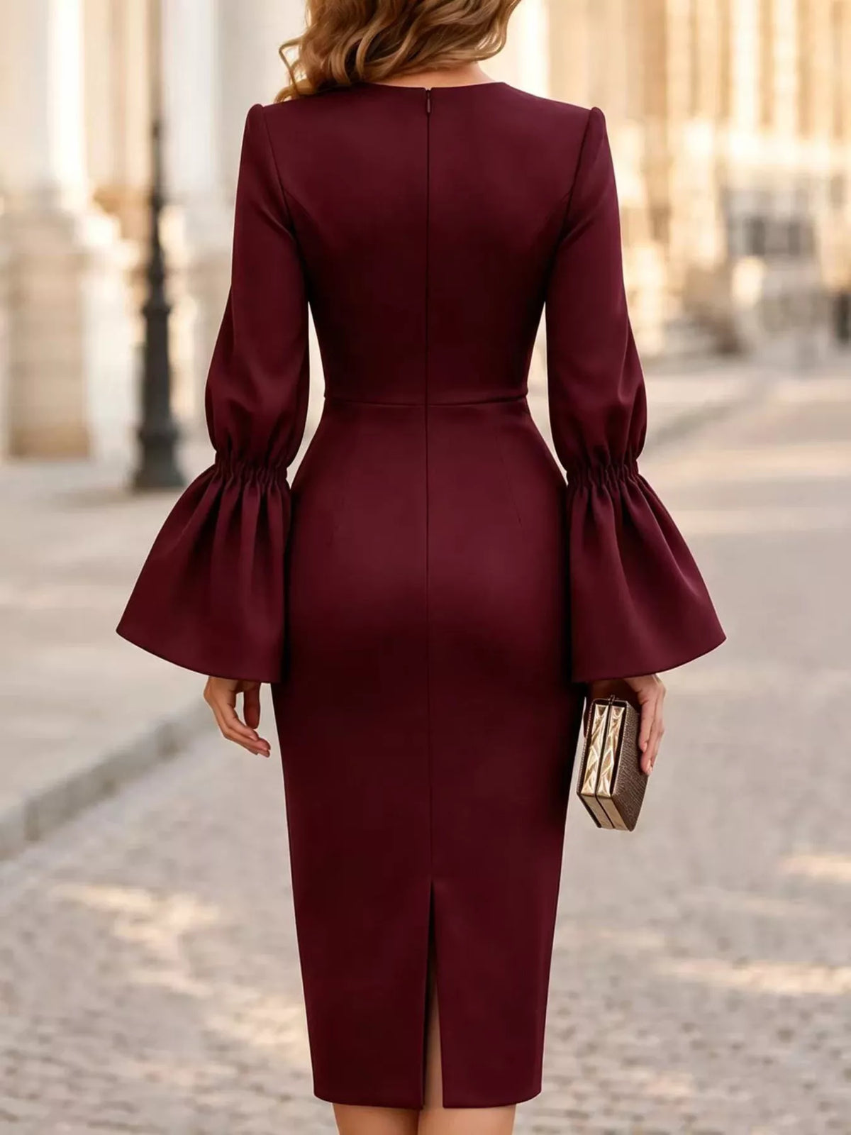 Slit Round Neck Flare Sleeve Dress