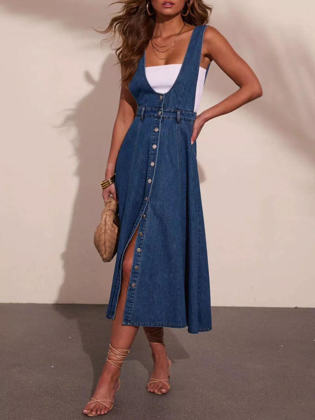 Women's Blue Button Front Denim Overall Midi Dress - Blue