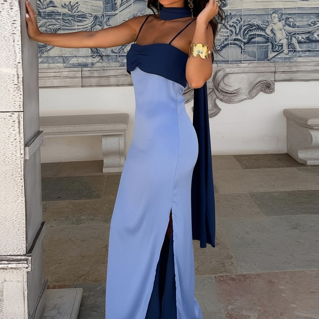 Women's Foreign Trade Women's Clothing Summer Dress Fashionable Color-Block Scarf Collar Slim Fit Bodycon Strap Dress - Blue