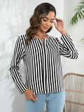 Women's Striped Long Sleeve Notched Blouse - White