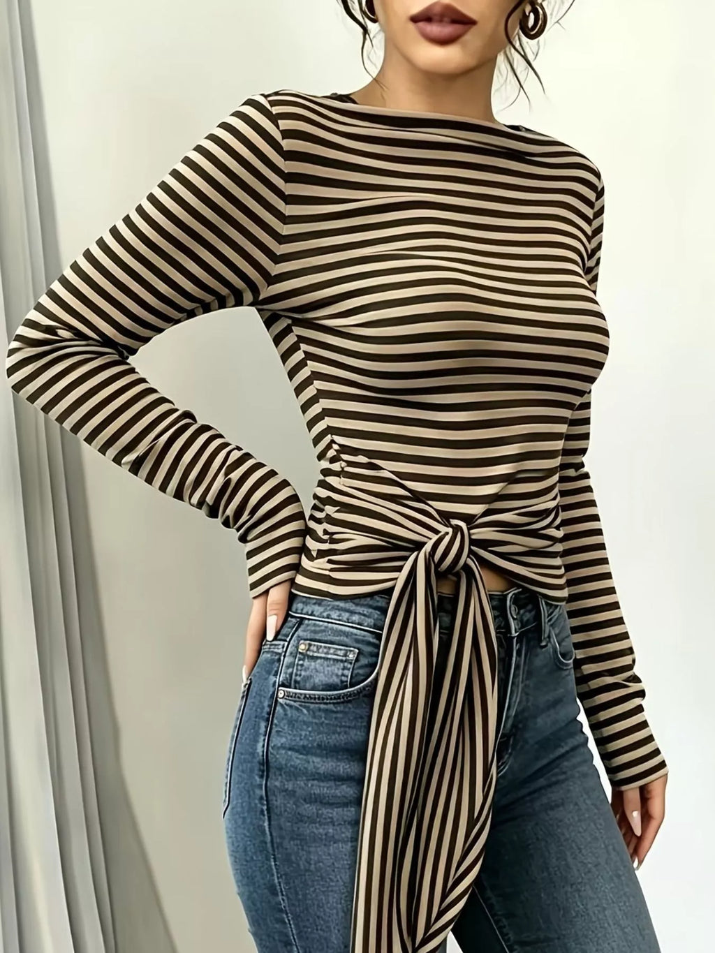 Women's Long Sleeve Striped T-Shirt with Front Tie Detail