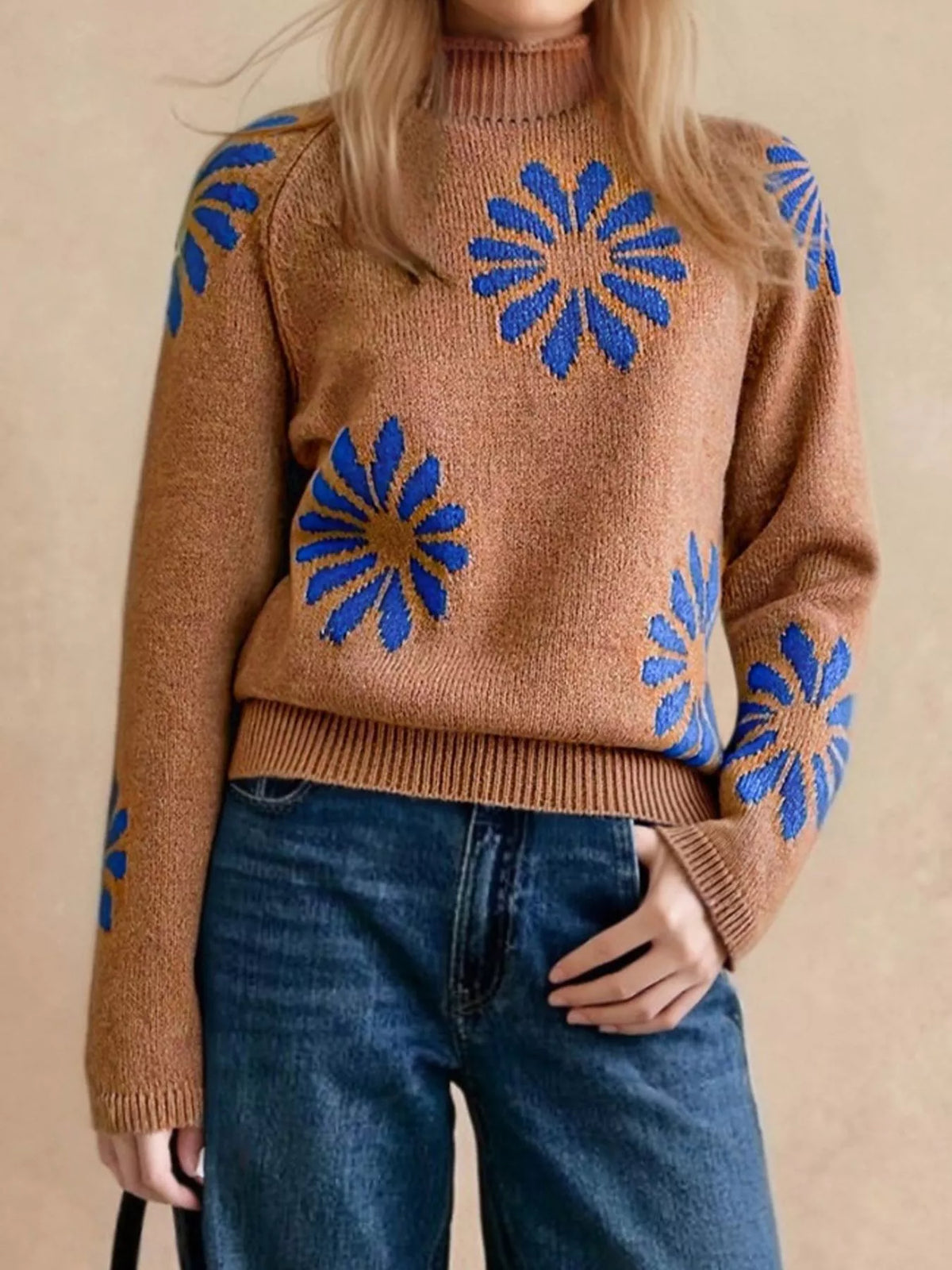 Women's Caramel Flower Mock Neck Raglan Sleeve Sweater - Caramel