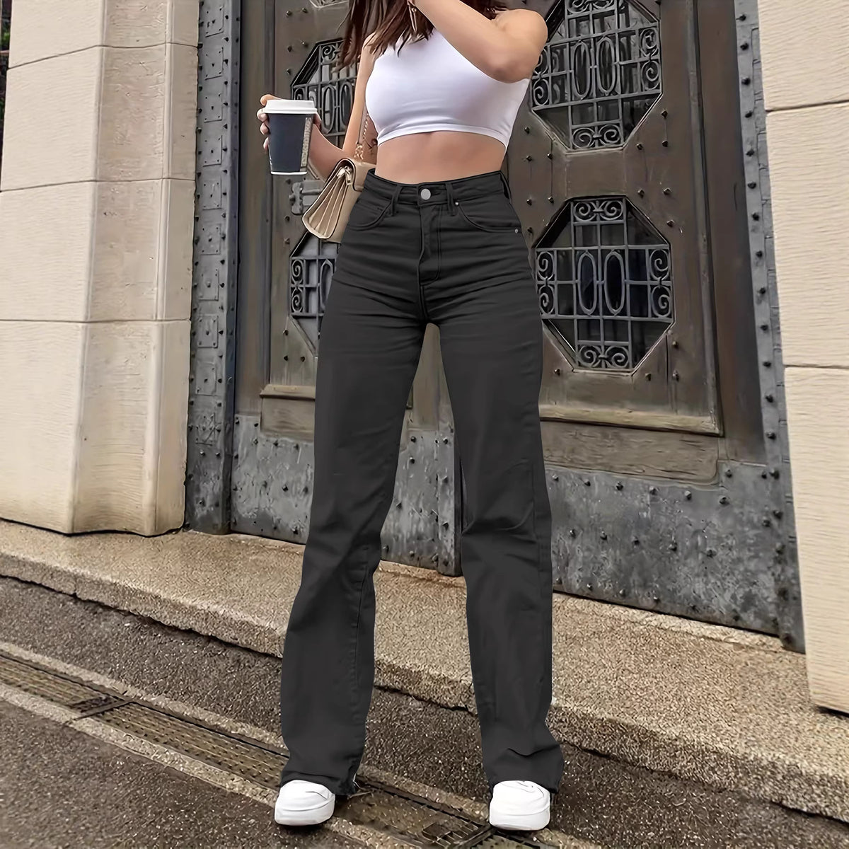 Women's Solid-color Stretch Straight-leg Casual Jeans