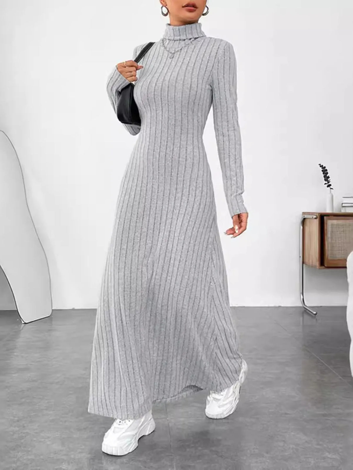 Ribbed Turtleneck Long Sleeve Maxi Knit Dress