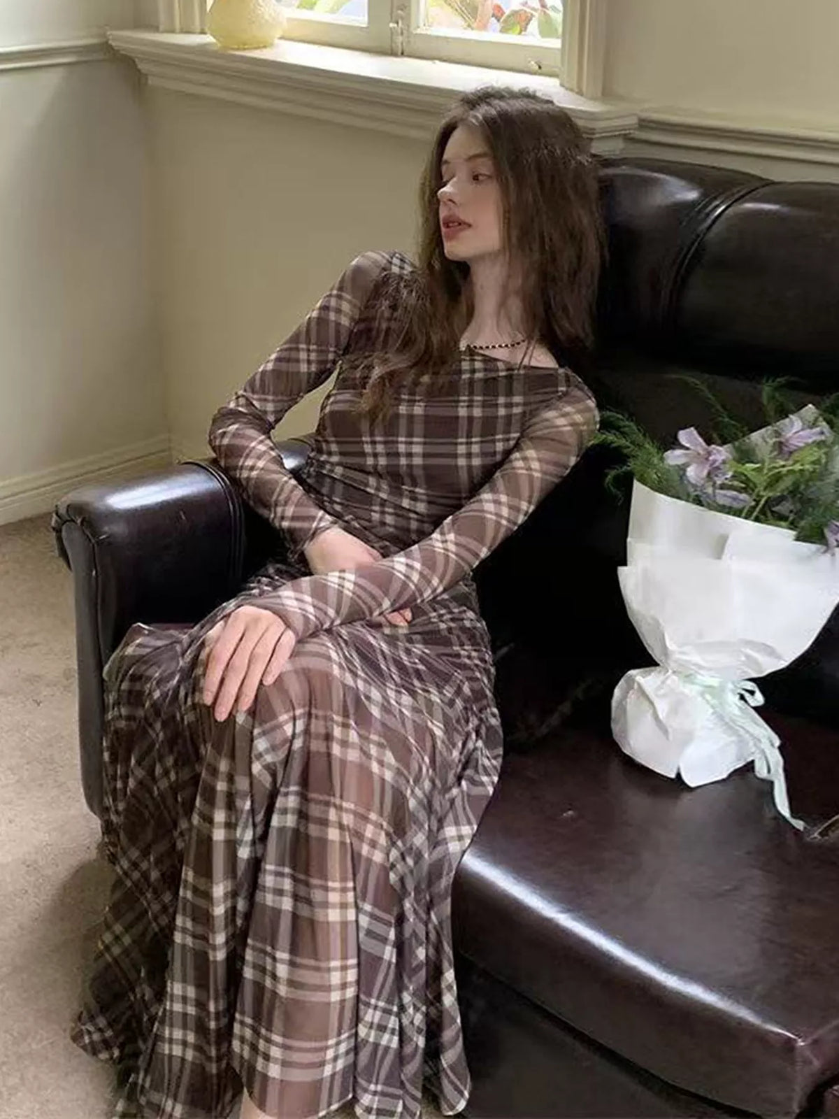 Women's Brown Plaid Long-Sleeve Slim-Fit Maxi Dress - Brown
