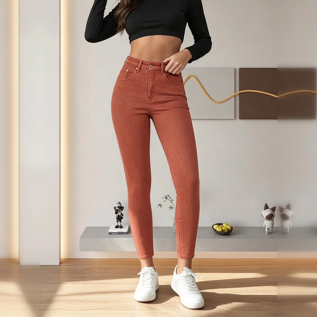 Women's Brick Red High Waist Skinny Jeans, Solid Color Stretch Slim Fit Ankle Denim Pants With Pockets