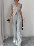 Women's Cross-Border Amazon European And American Women's Clothing New Spring Summer Elegant Buttoned Sleeveless Vest And Long Pants Set - grey