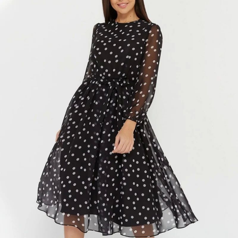 S Polka-dot Crewneck Long-sleeved Dress For Women