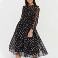 S Polka-dot Crewneck Long-sleeved Dress For Women