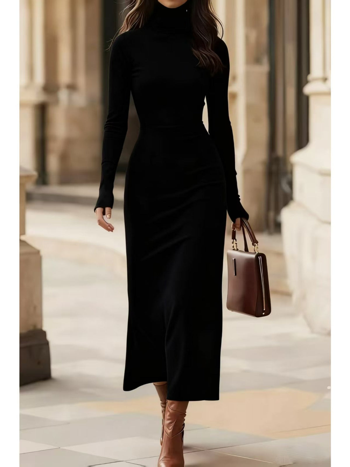 Elegant Turtleneck Slim-fit Long-sleeve Dress For Women