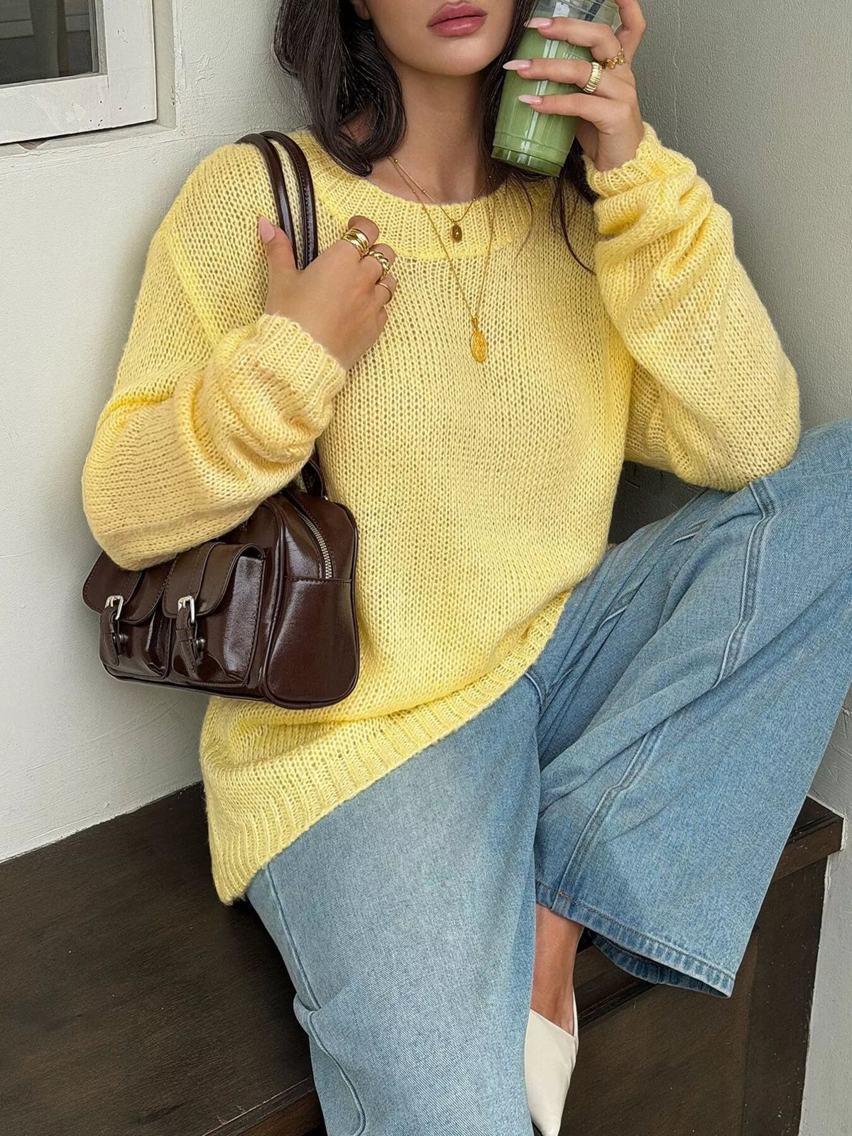 Women's Yellow Crew Neck Dropped Shoulder Sweater - Yellow
