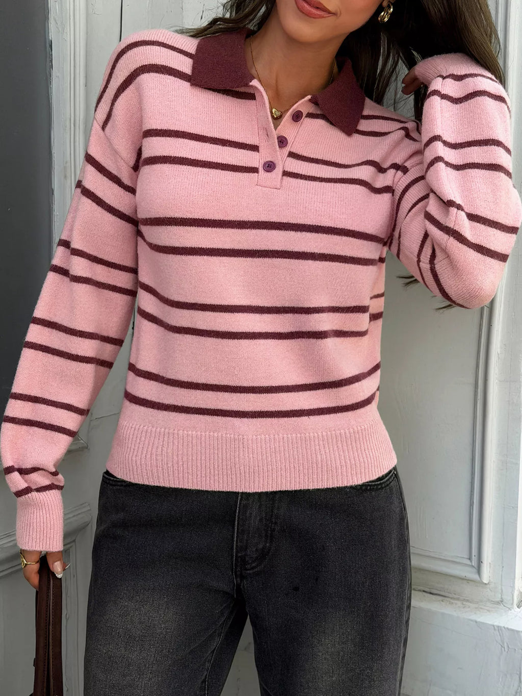 Women's Pink And Brown Stripes Striped Polo Collar Dropped Shoulder Sweater - Pink And Brown Stripes