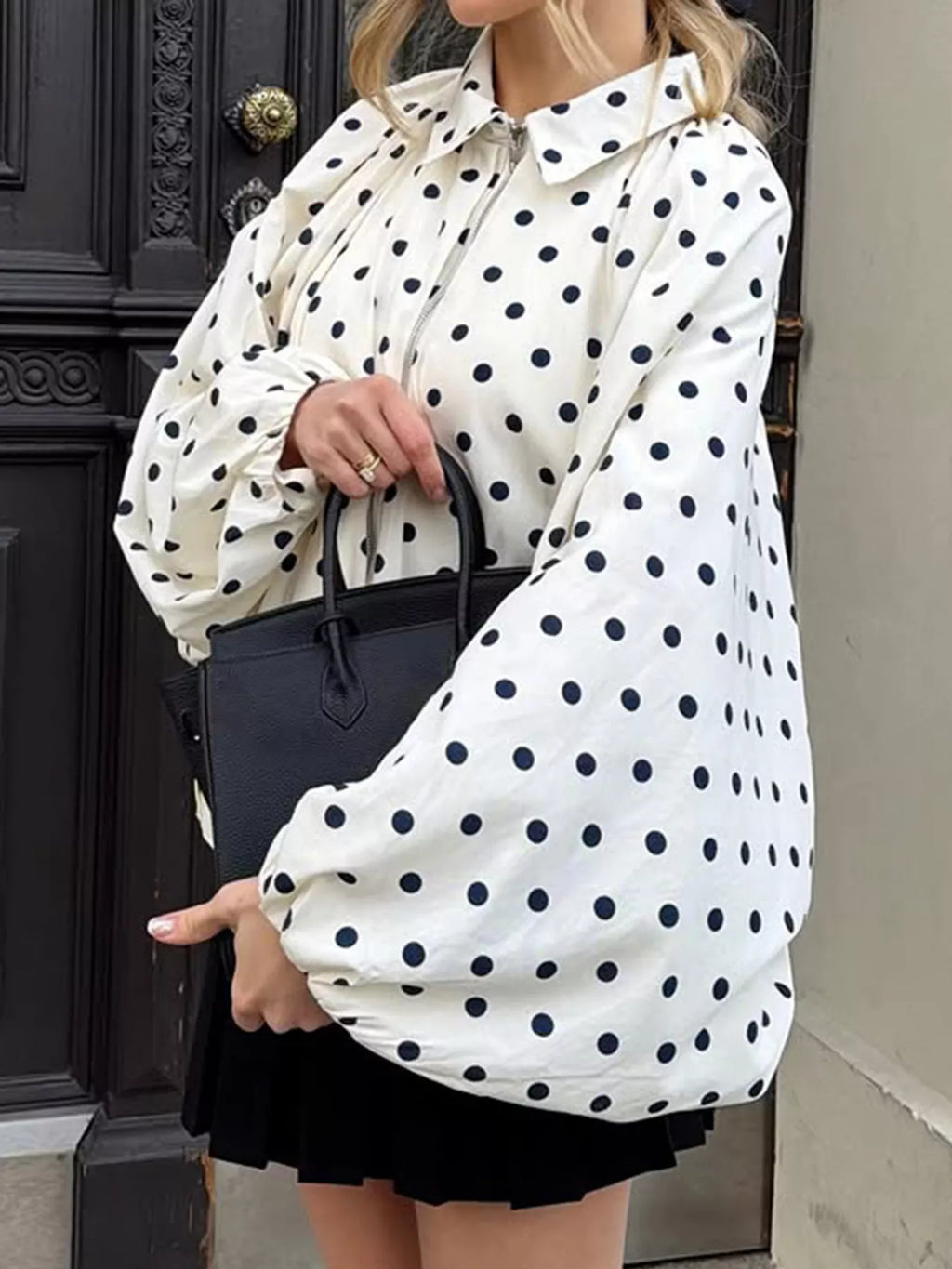 Women's White Polka Dot Zip-Up Jacket - White