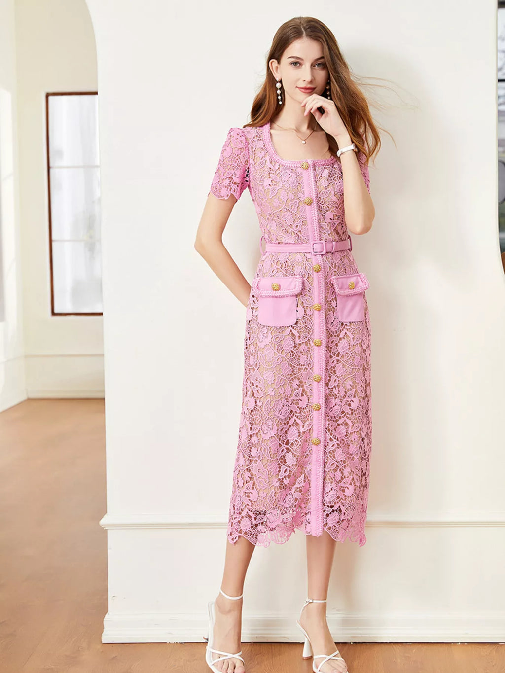 Women's Lace Button-Up Midi Dress