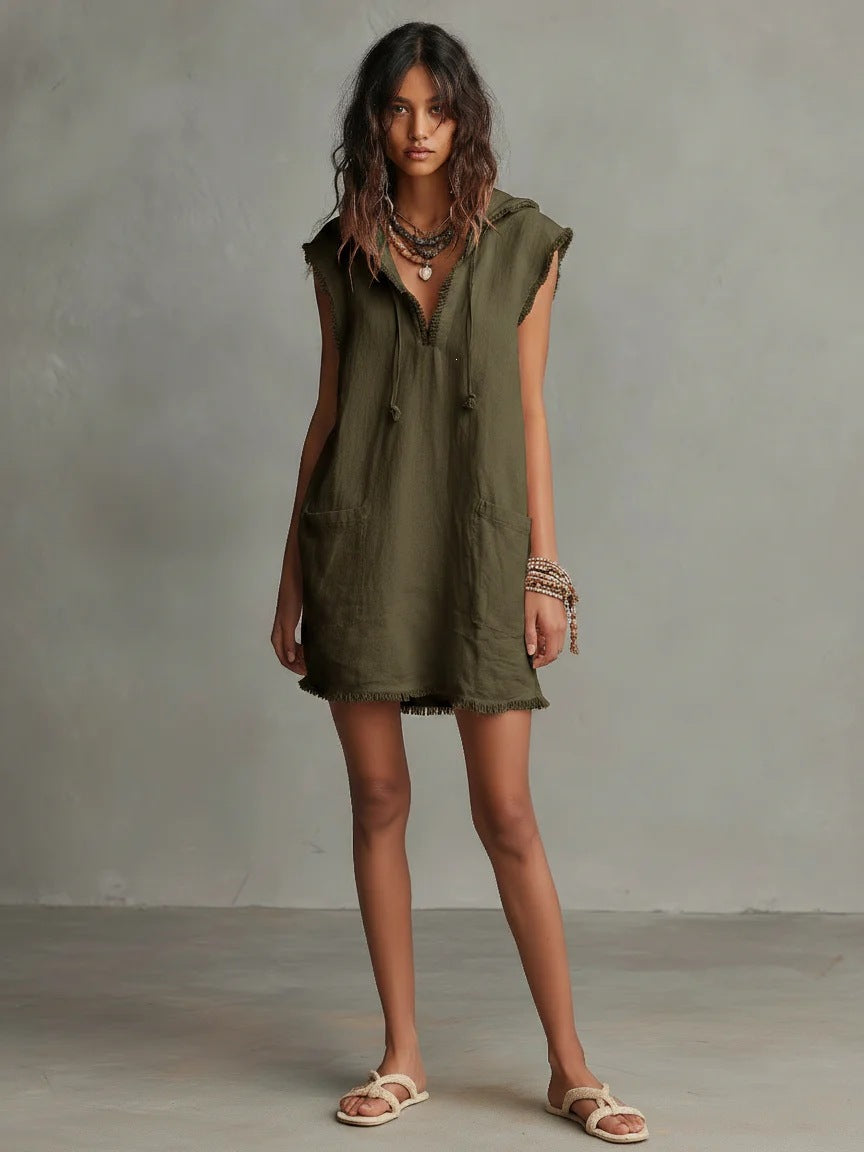 Minimalist Linen Blend Mini Dress, Hooded Sleeveless Lace Trim Solid Color Dress