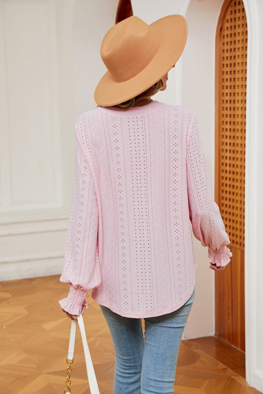 Women's Notched Neck Flounce Sleeve Blouse