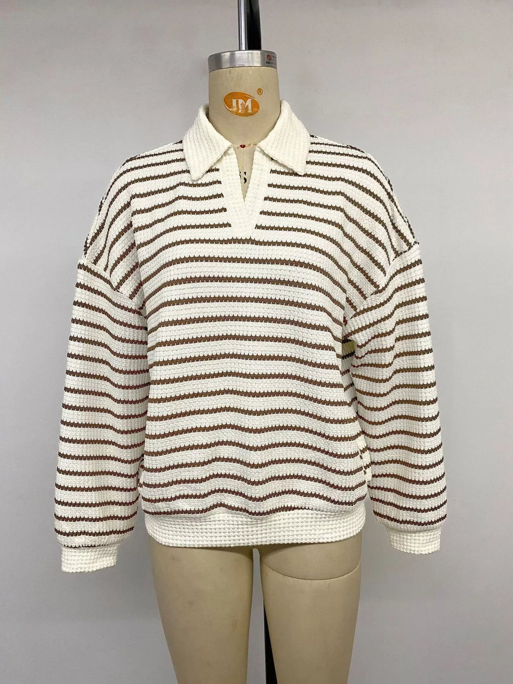 Striped Polo Collar Knit Sweatshirt