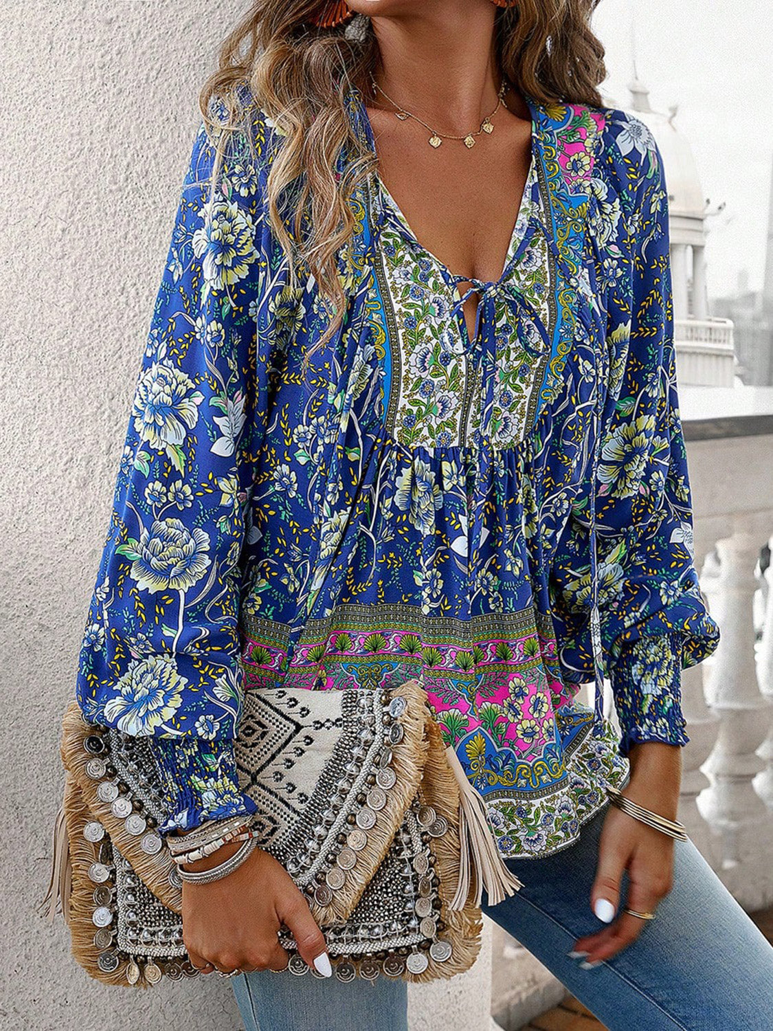 Women's Bohemian Tie Neck Lantern Sleeve Blouse
