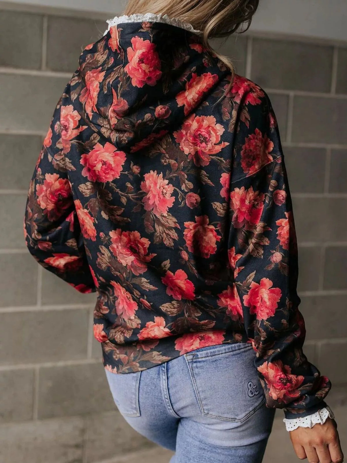 Women's Lace Trim Kangaroo Pocket Hoodie