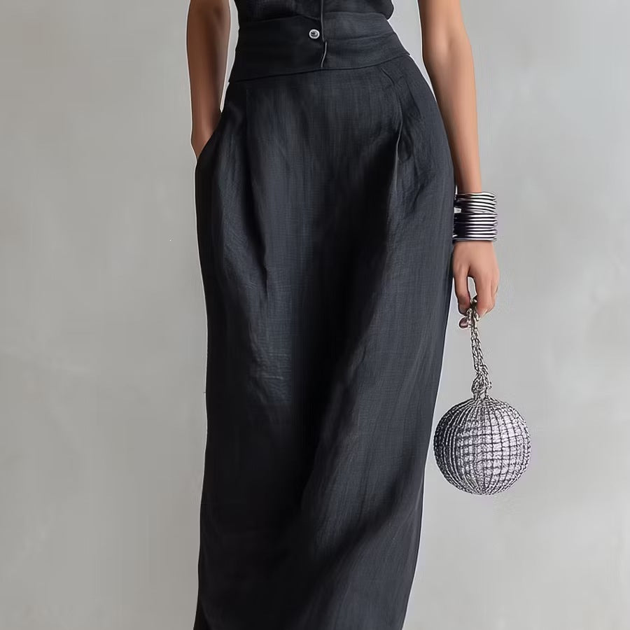V-neck Sleeveless Cotton-linen Blend Single-breasted Dress