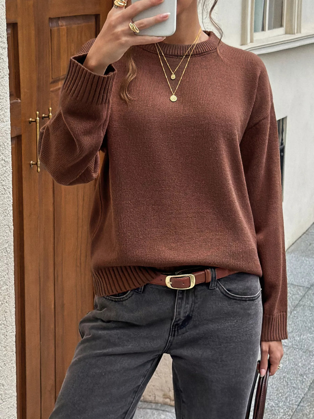 Women's Brown Crew Neck Ribbed Hem Sweater - Brown