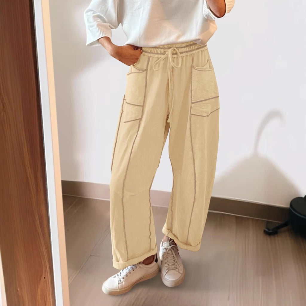 New -style Solid-color Casual Drawstring Elastic-waist Trousers With Pockets