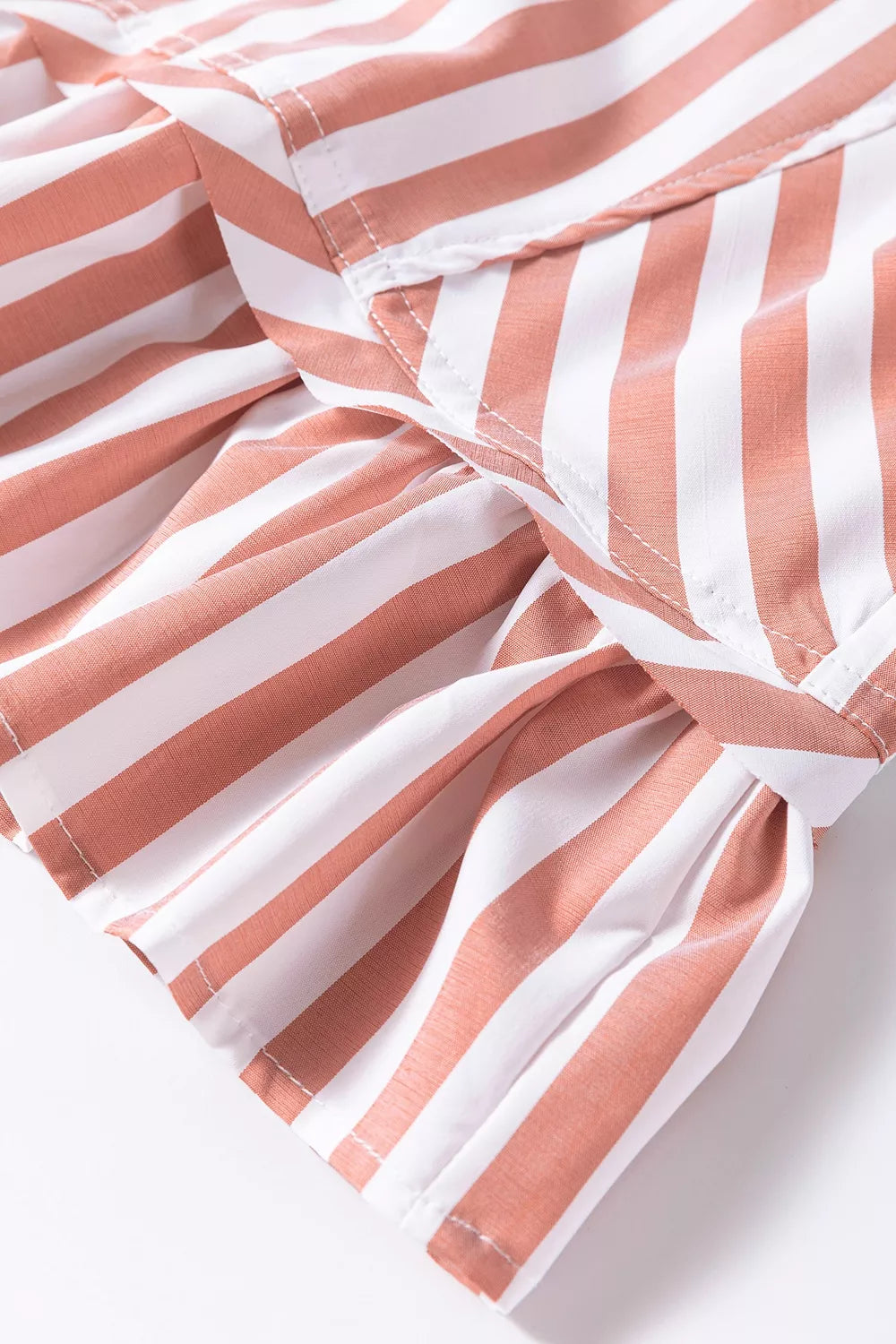 Women's Pale Blush Stripe Collar Button Front Bracelet Sleeve Ruffle Hem Shirt - Pale Blush