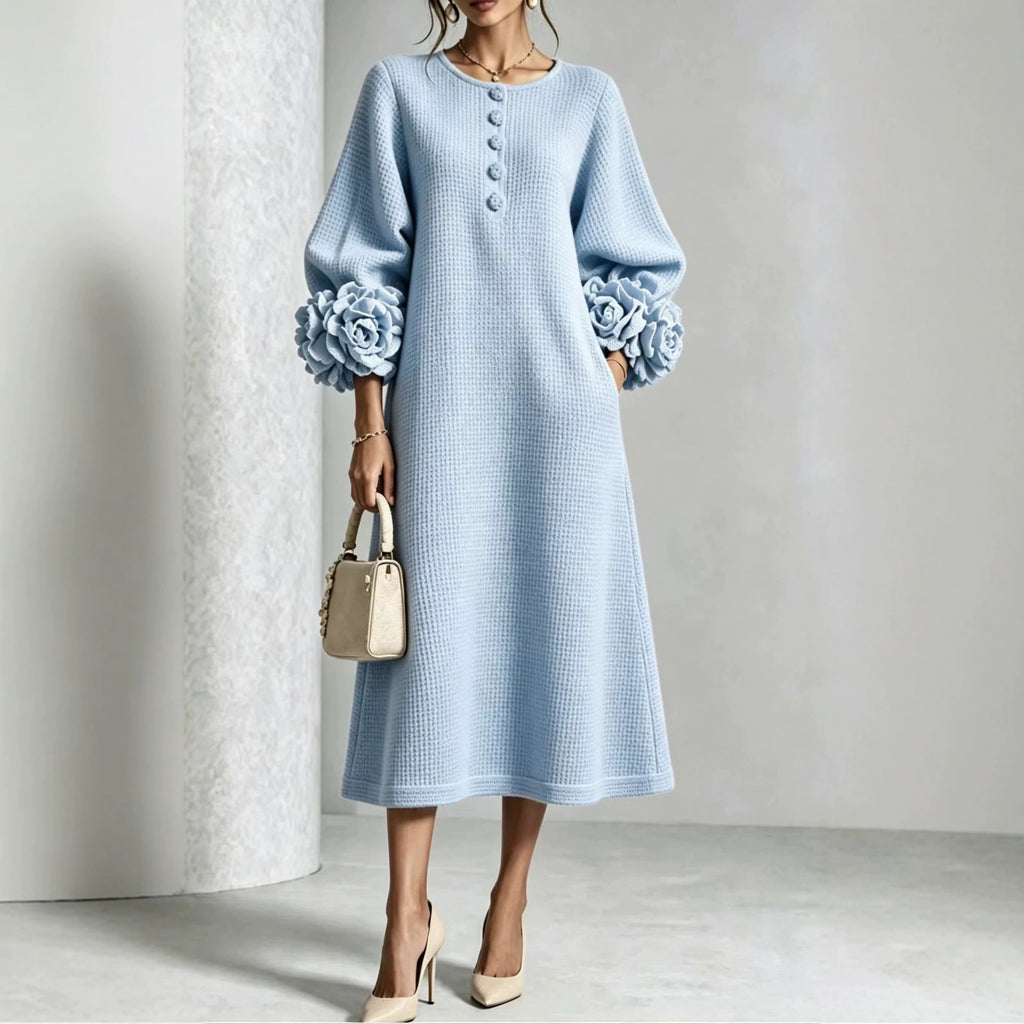 French-style Three-dimensional Floral Lantern-sleeve Cotton-linen Dress
