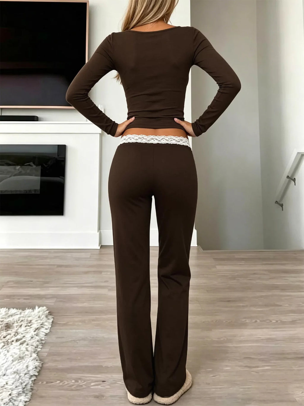 Women's Brown Long Sleeve Lace Trim Crop Top and Wide Leg Pants Set - Brown
