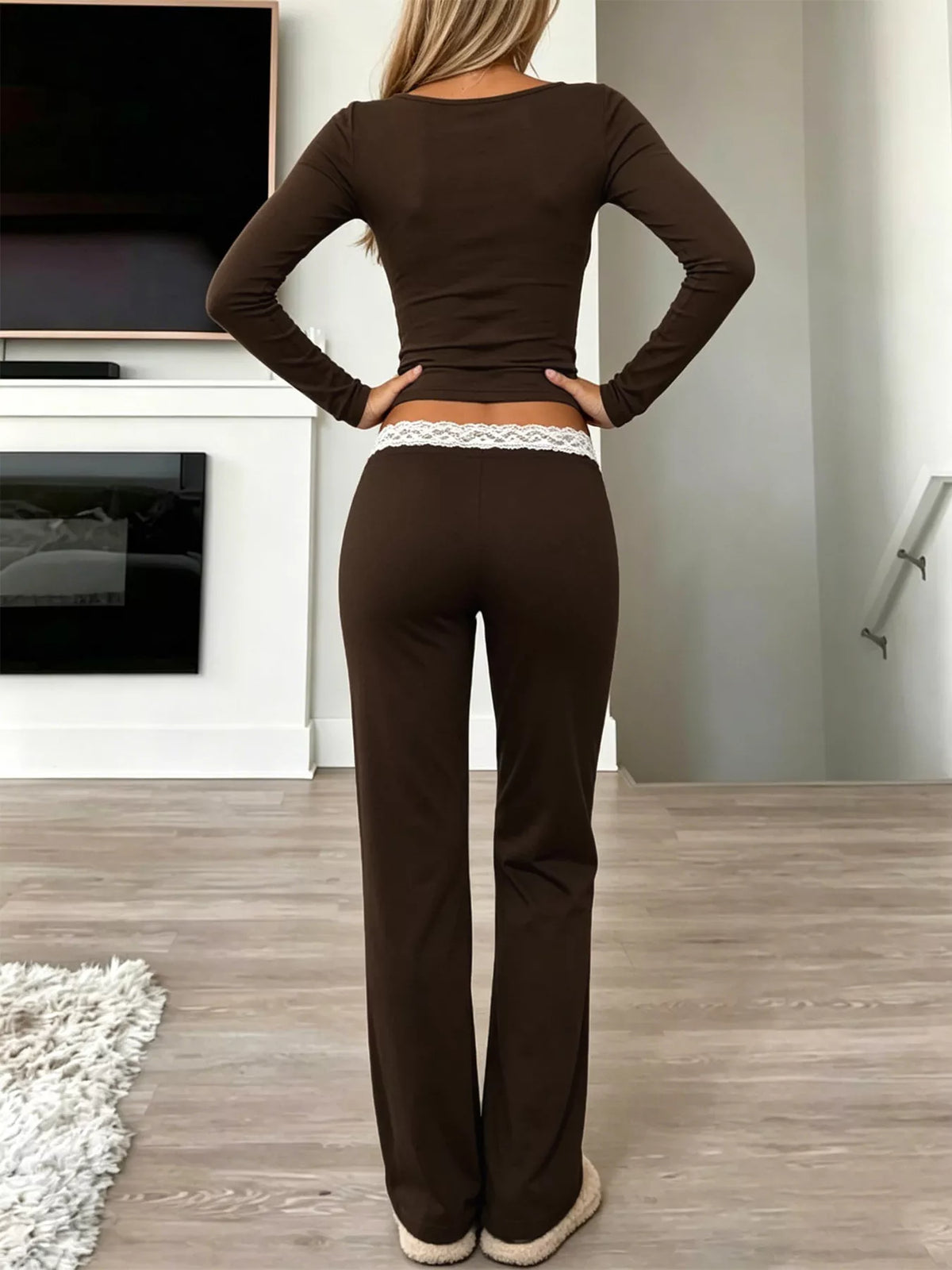 Women's Brown Long Sleeve Lace Trim Crop Top and Wide Leg Pants Set - Brown