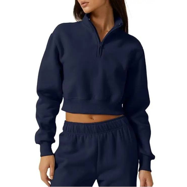 Stand-collar Half-zip Cropped Sporty Hoodie And Sweatpants Two-piece Set