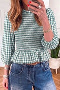 Women's Sage 3/4 Sleeve Shirred Plaid Peplum Top - Sage