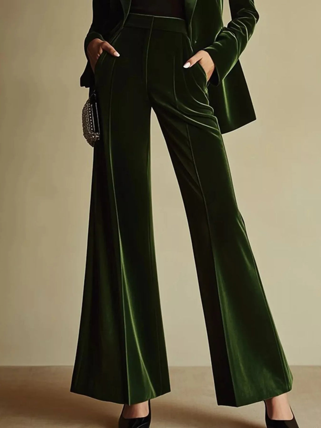 Women's Green Velvet Blazer and Wide-Leg Pants Set - Green