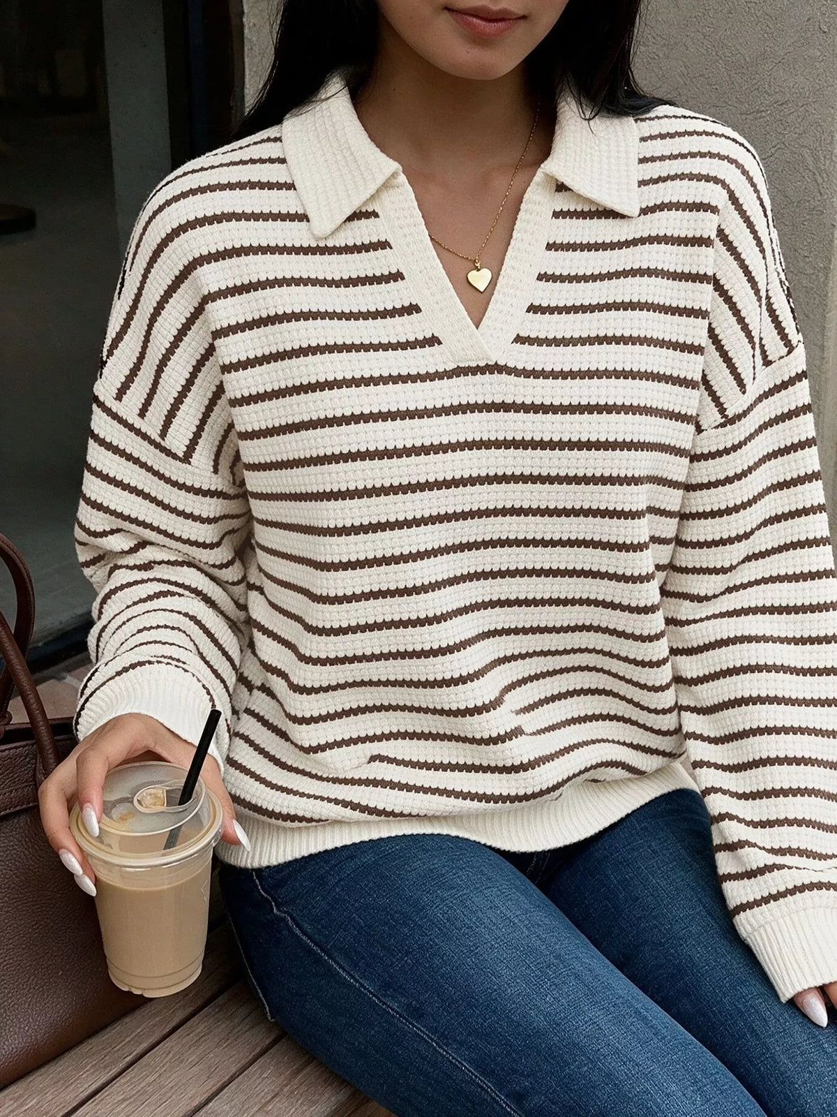 Striped Polo Collar Knit Sweatshirt