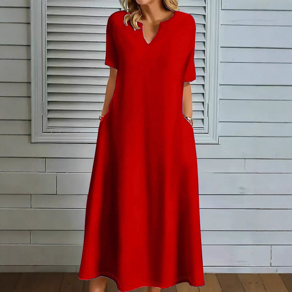 Women's Solid-Color V-Neck Summer Dress