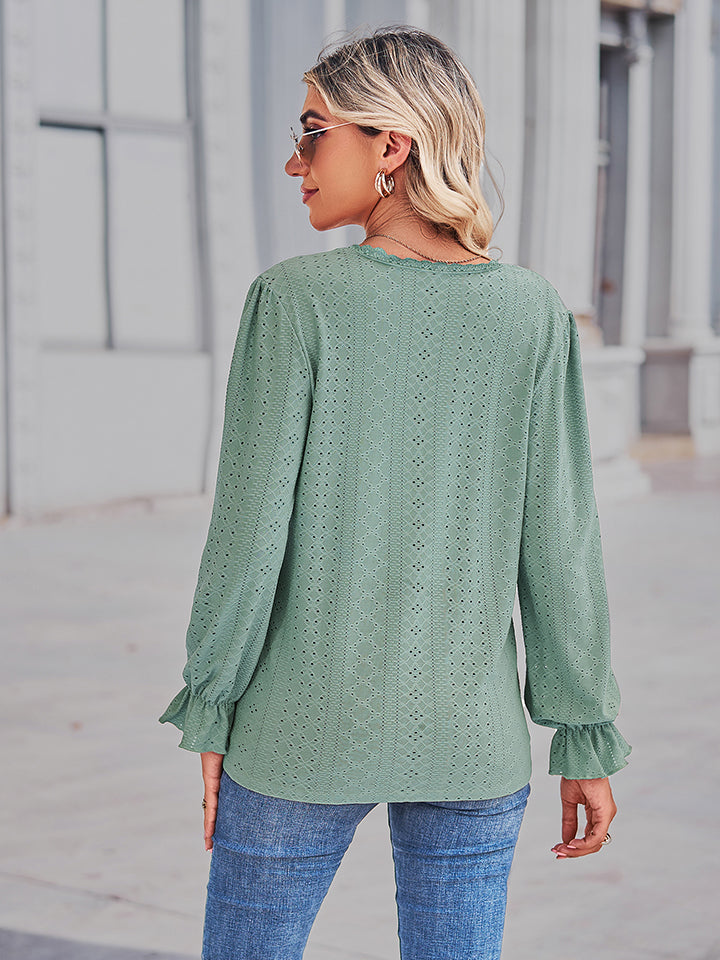 Women's Eyelet V-Neck Flounce Sleeve Blouse