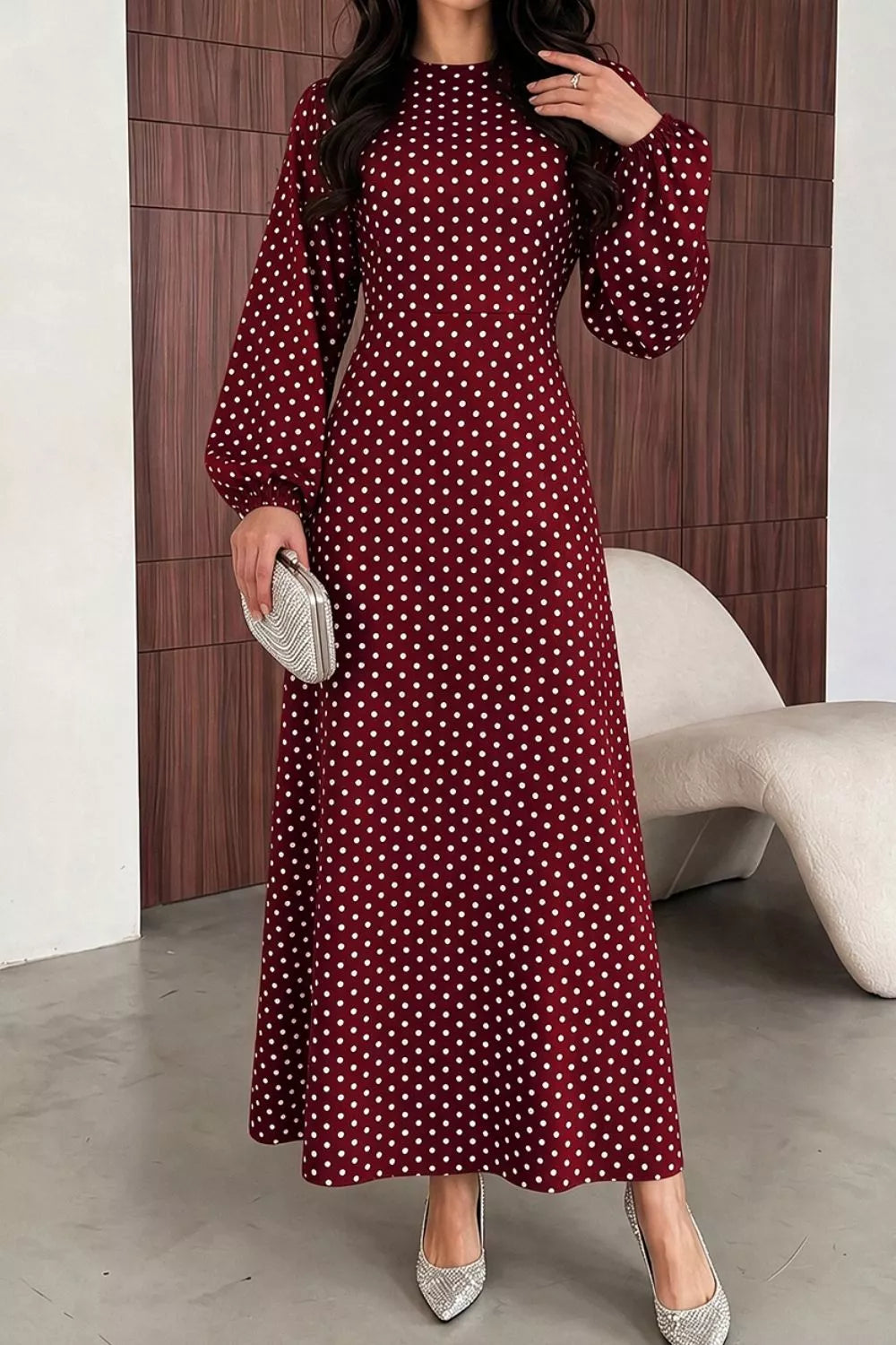Women's Polka Dot Long Sleeve Maxi Dress - Burgundy
