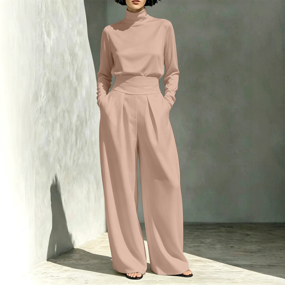 Women's 2026 Fall Winter New Arrival Women Solid Color Turtleneck Long Sleeve Top Long Pants Casual Outfit Set For European American Market