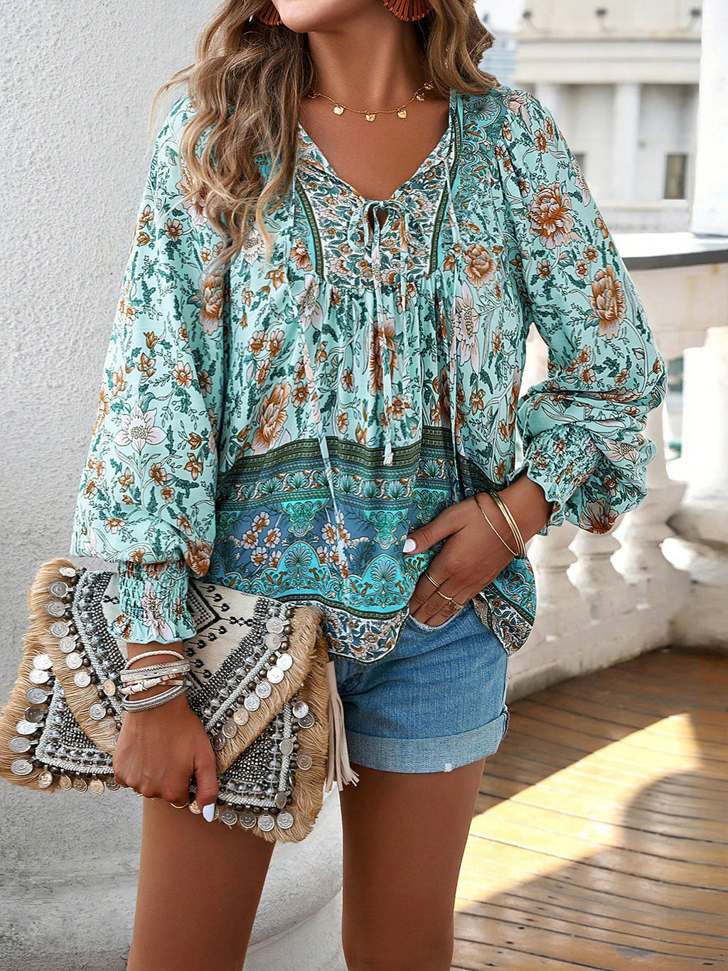 Women's Bohemian Tie Neck Lantern Sleeve Blouse