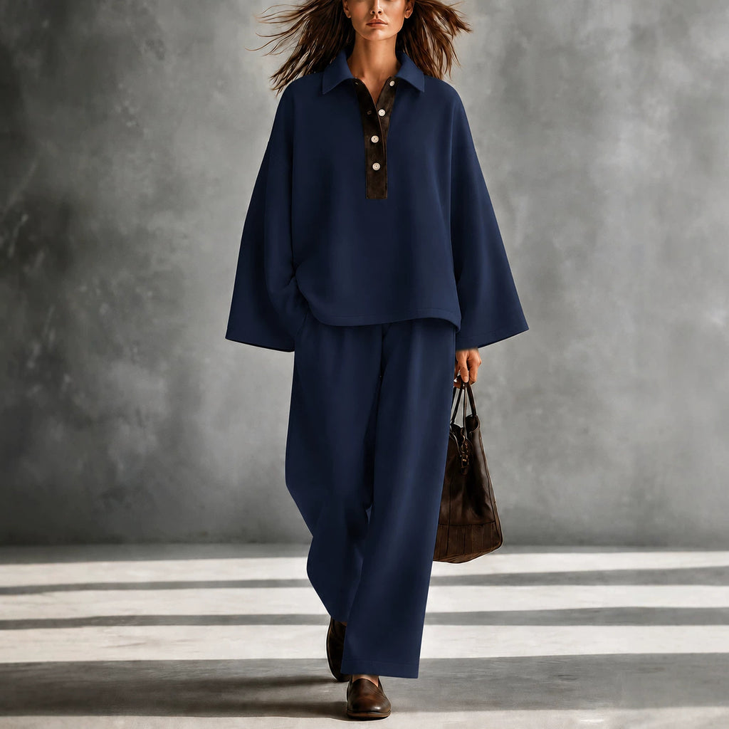Women's FallWinter Long-Sleeve Lapel Sweatshirt And Wide-Leg Pants Two-Piece Set