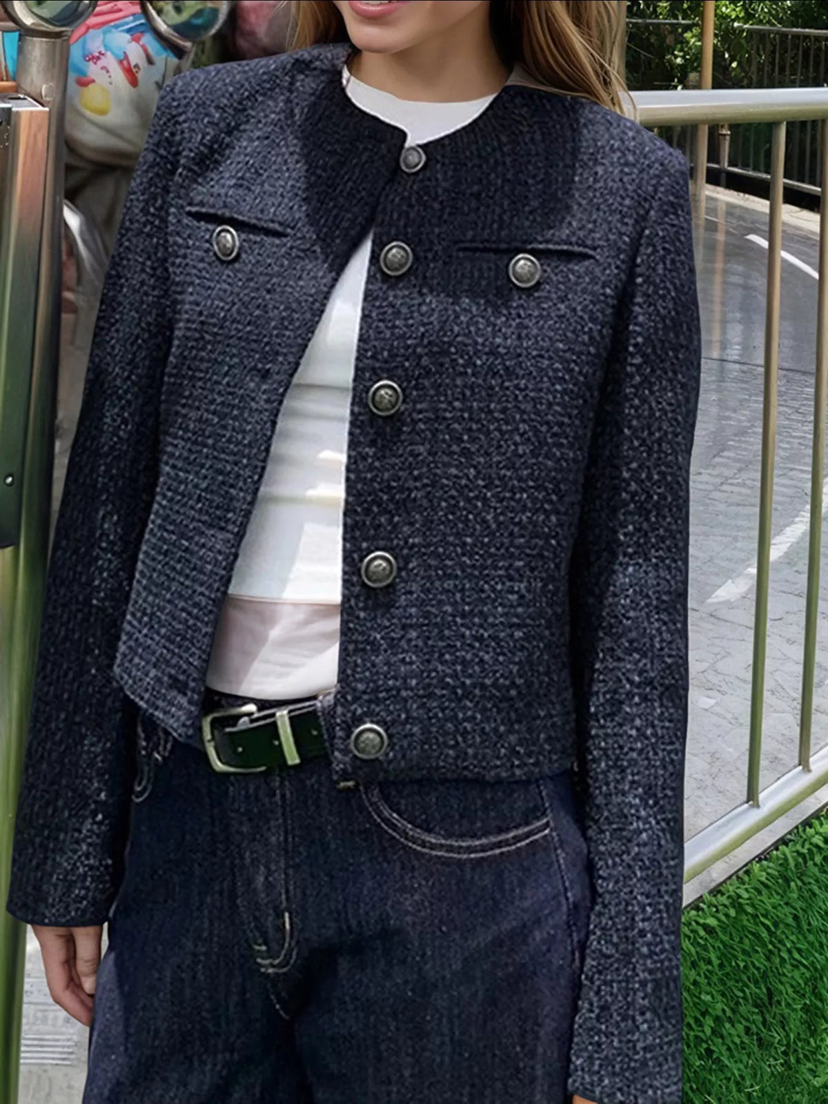 Women's Blue Tweed Metallic Buttons Cropped Outerwear - Blue