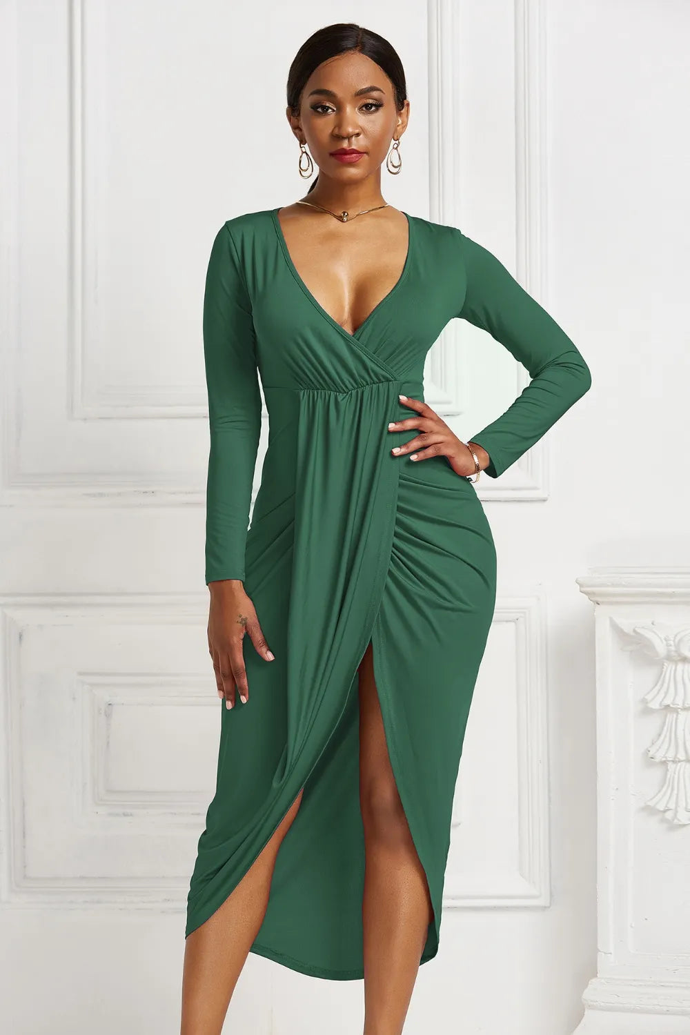 Women's High-low Ruched Surplice Long Sleeve Dress - Black Forest